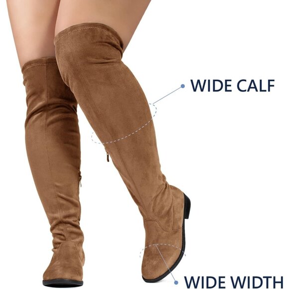 Women's Tan Su Rounded Toe Stretchy Over The Knee Low Heel Wide Calf Boots - Picture 5 of 7